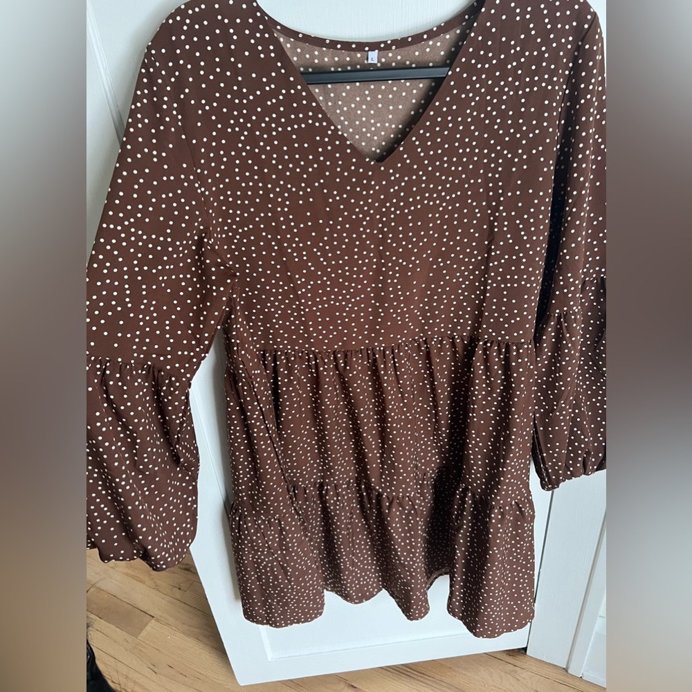 Brown dress with white polka dots
